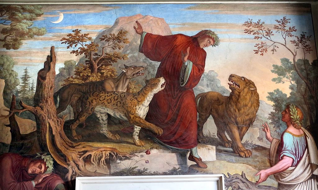 Stanza di Dante. Casino di villa Massimo, Roma - Dante nella selva trova le tre fiere e Virgilio 1